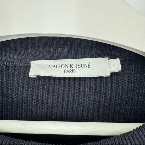 MAISON KITSUNE Baby Fox Patch Loose Pullover Sweater in Navy Wool Cotton Small - Picture 5 of 7